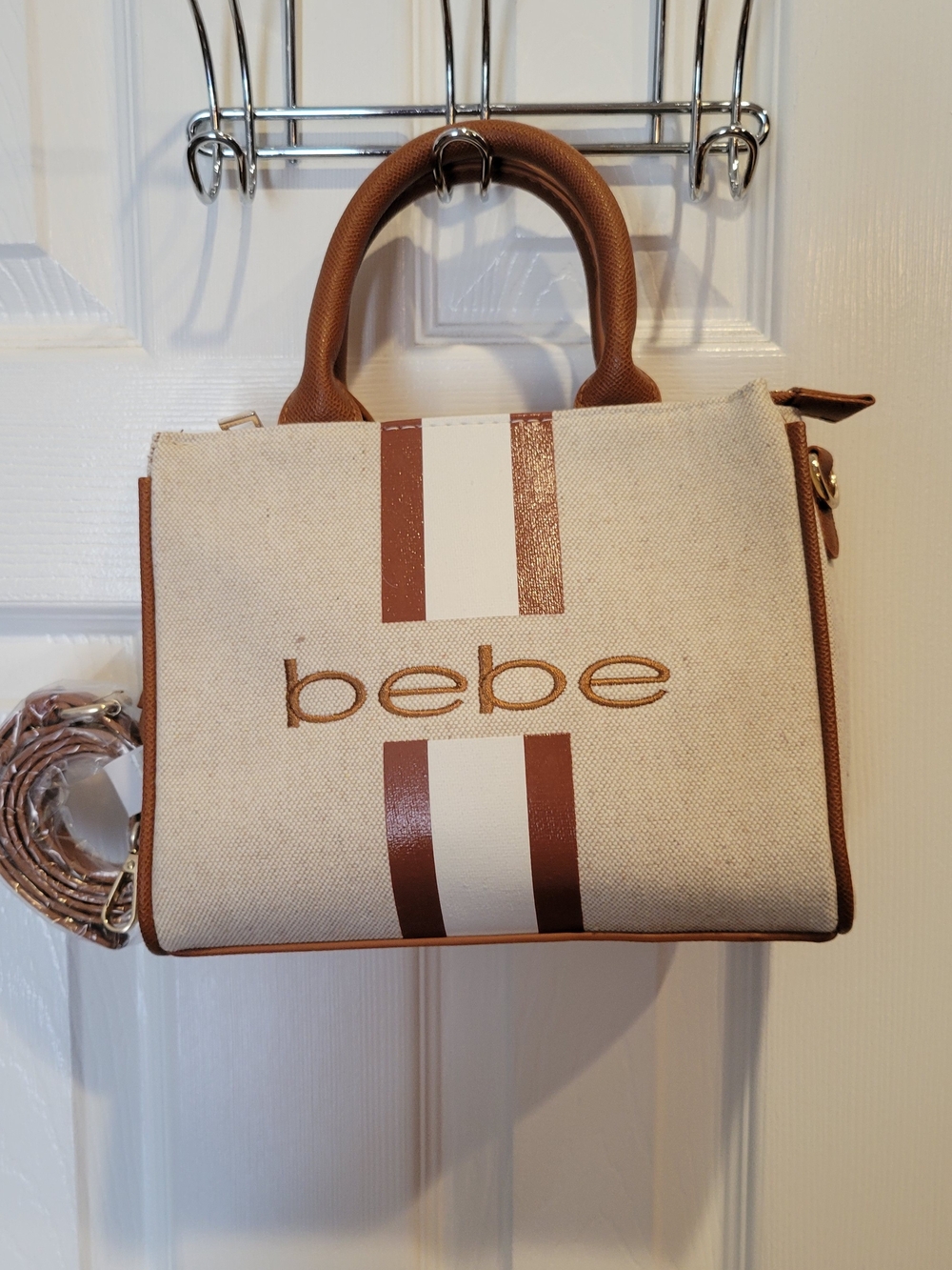 bebe Beige and Brown Canvas Tote Bag